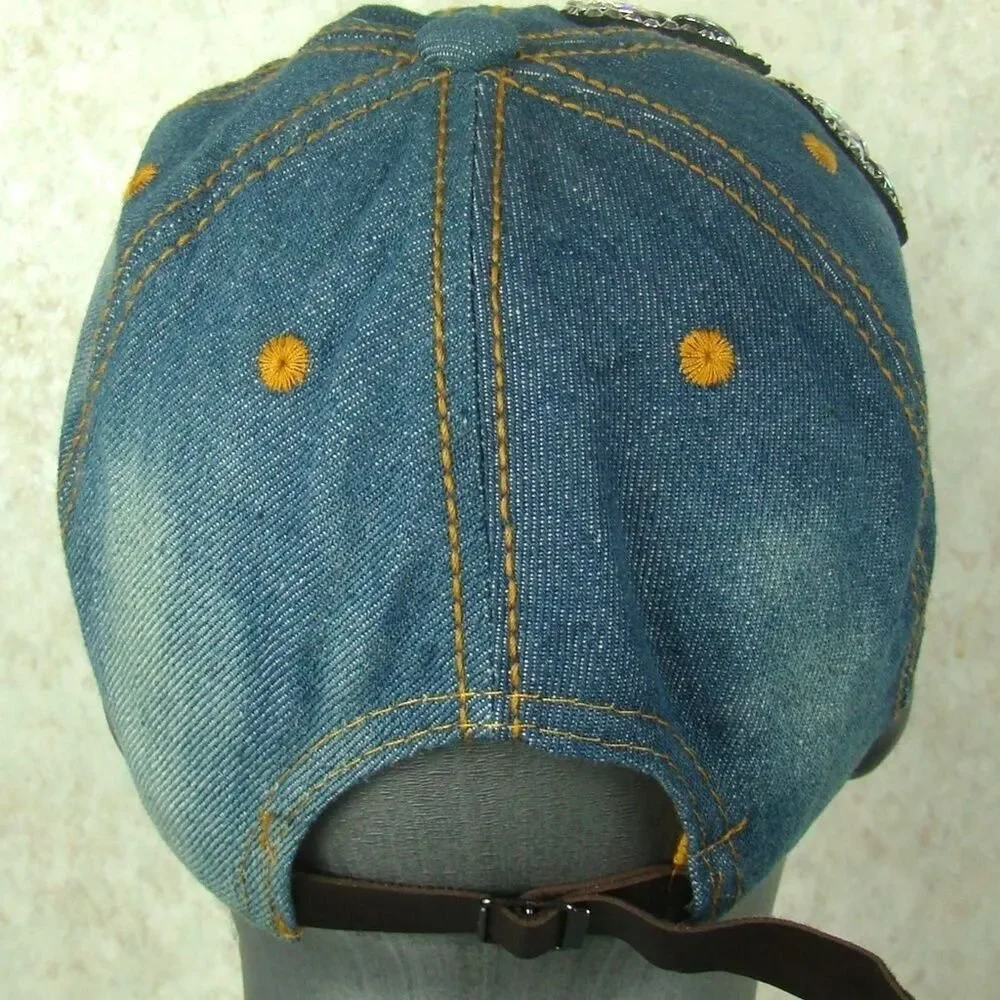 Womens One Size Blue Denim Bling Rhinestone Studded Distressed Adjustable Hat